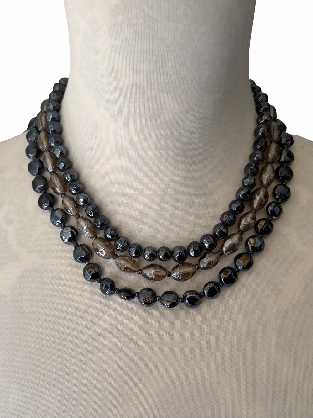Faceted Black & Smoky Brown Multi-Strand Beaded Necklace | Statement Jewelry
